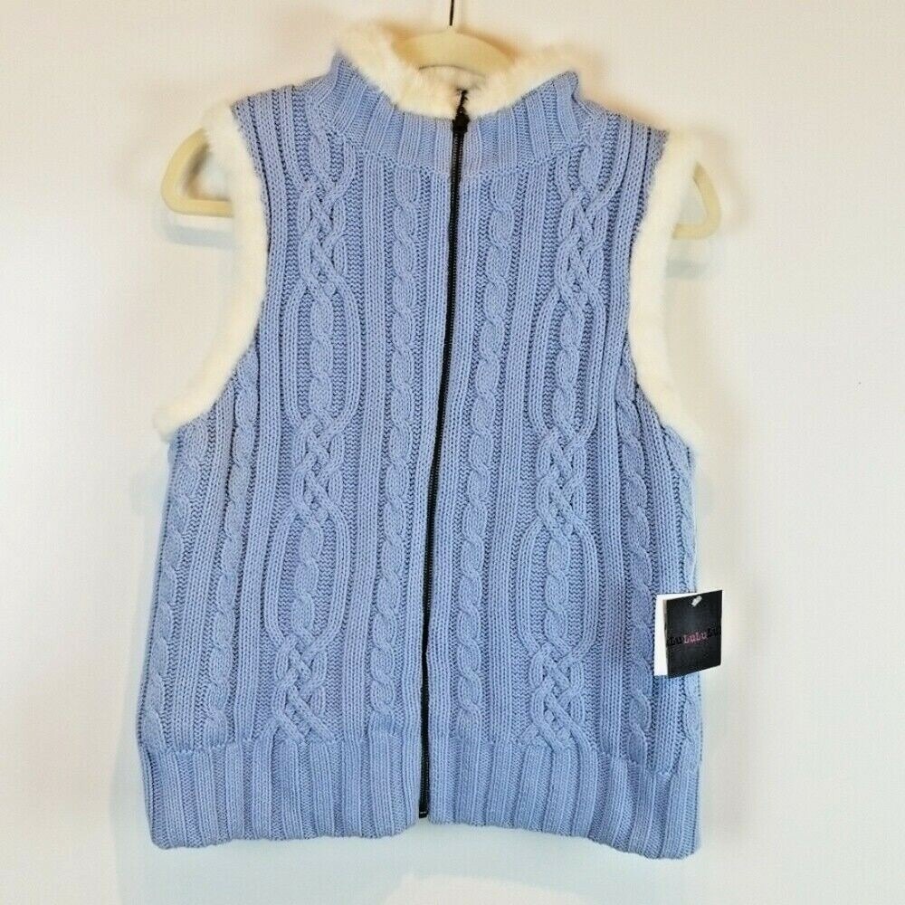LuLu Reversible Cable Knit & Faux Fur Vest Size Medium Light Blue cable knit NWT